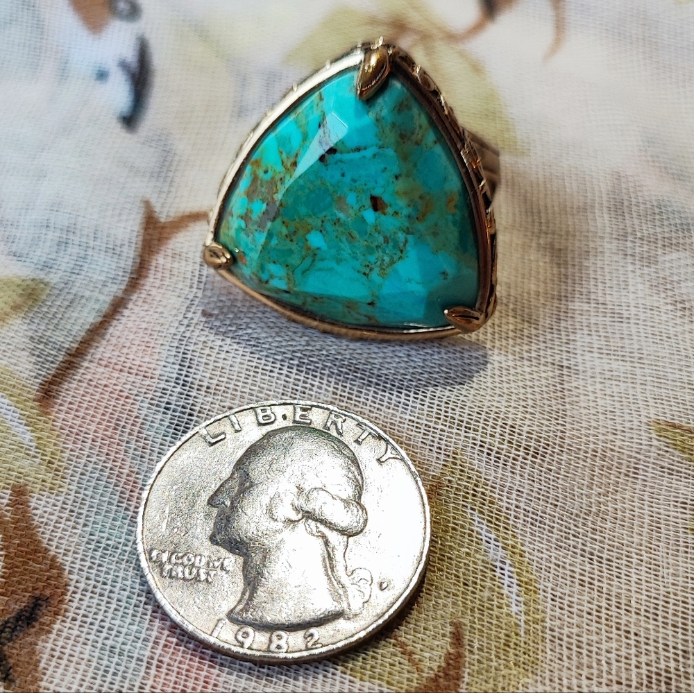 BARSE Triangle Gemstone Turquoise? Ornate Heavy Oversized Ring Brass Size 8 - Picture 6 of 9